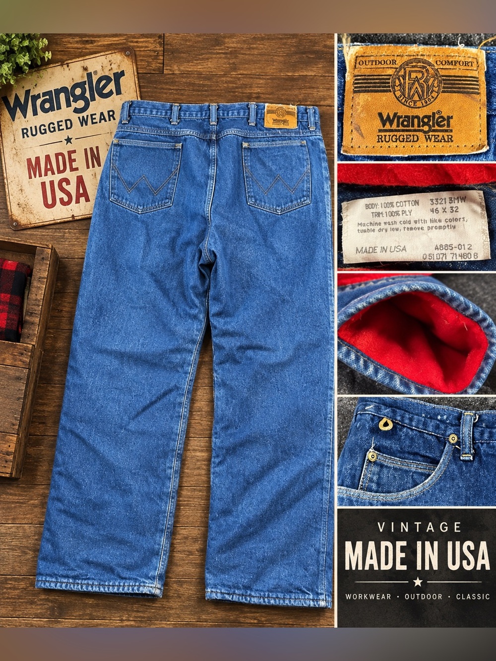 Vintage Wrangler Rugged Wear Insulated Jeans 46x32 Made USA Red Lined Workwear
